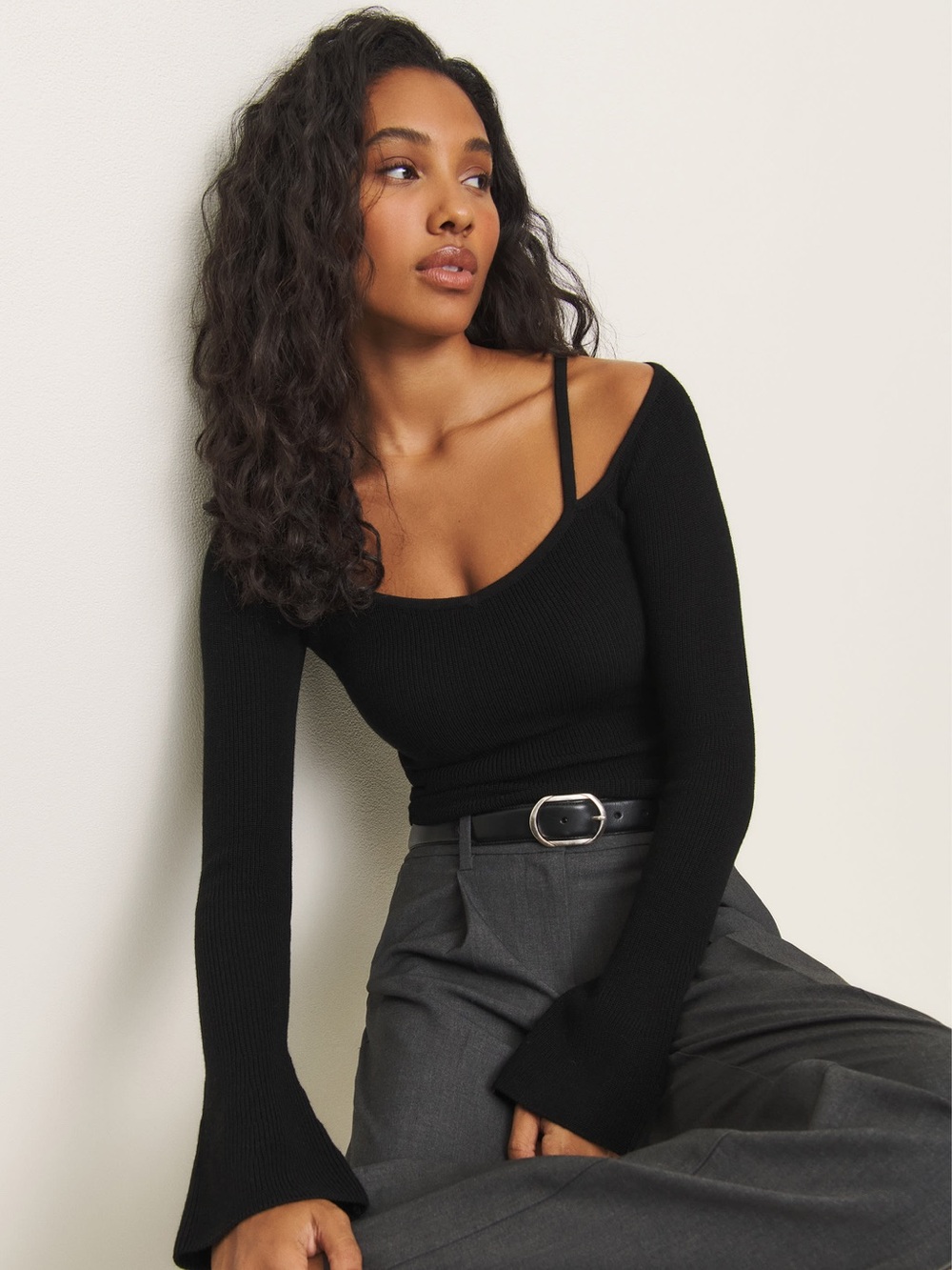 REFORMATION ROMEY RIB MERINO WOOL OFF THE SHOULDER SWEATER IN BLACK